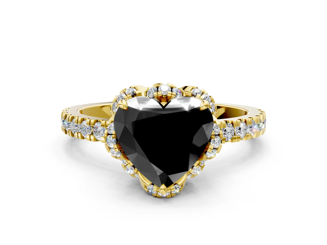 Yellow gold Fancy Black Heart Cut Diamond Halo Pave Band with Four-Prong Setting_3