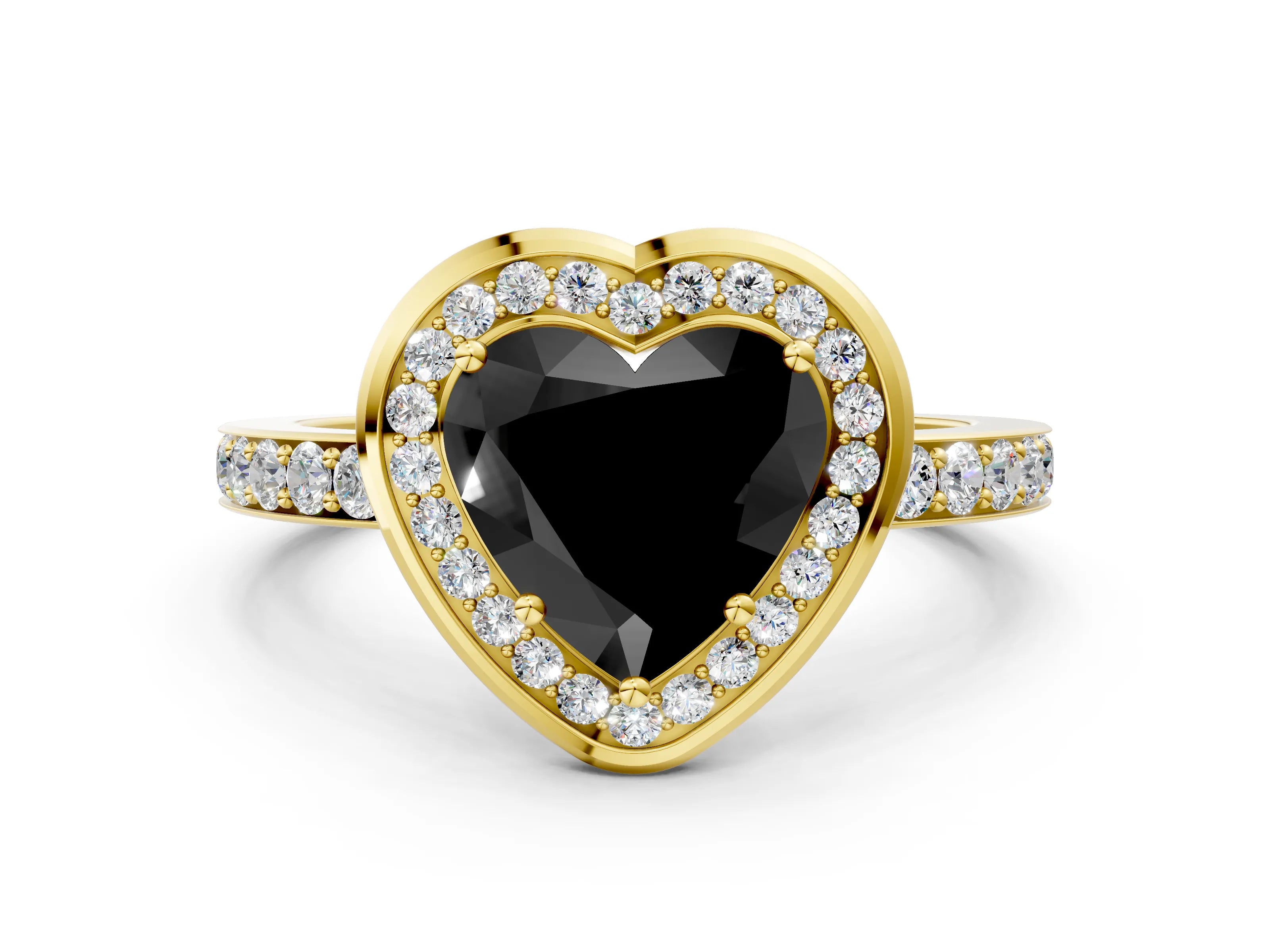 Yellow gold Fancy Black Heart Cut Diamond Halo Ring with Bezel Frame and Pavé Band
