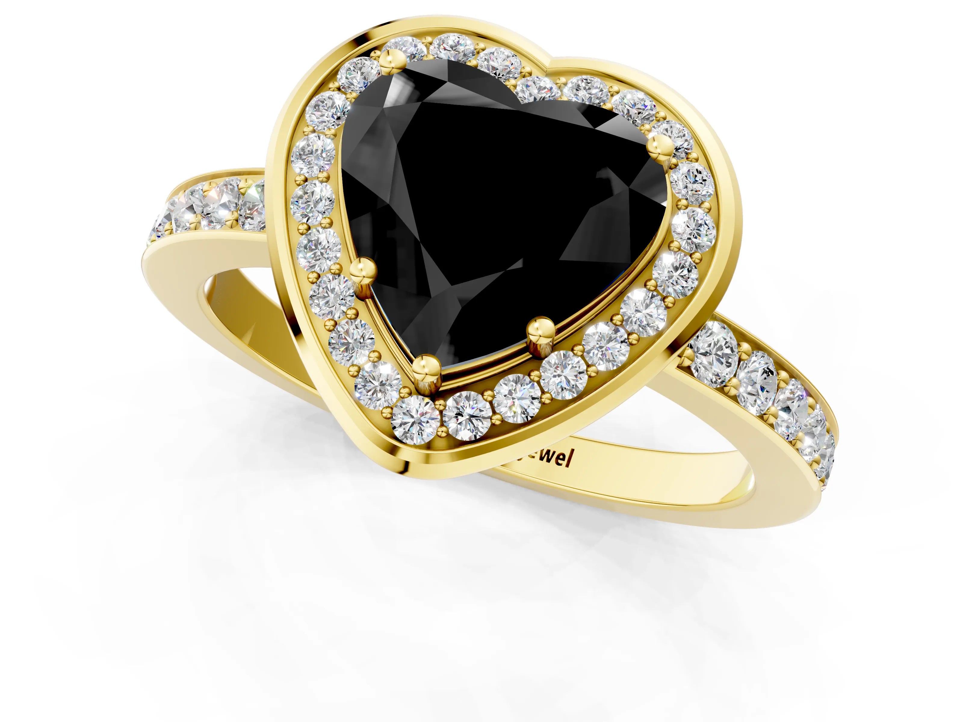 Yellow gold Fancy Black Heart Cut Diamond Halo Ring with Bezel Frame and Pavé Band_1
