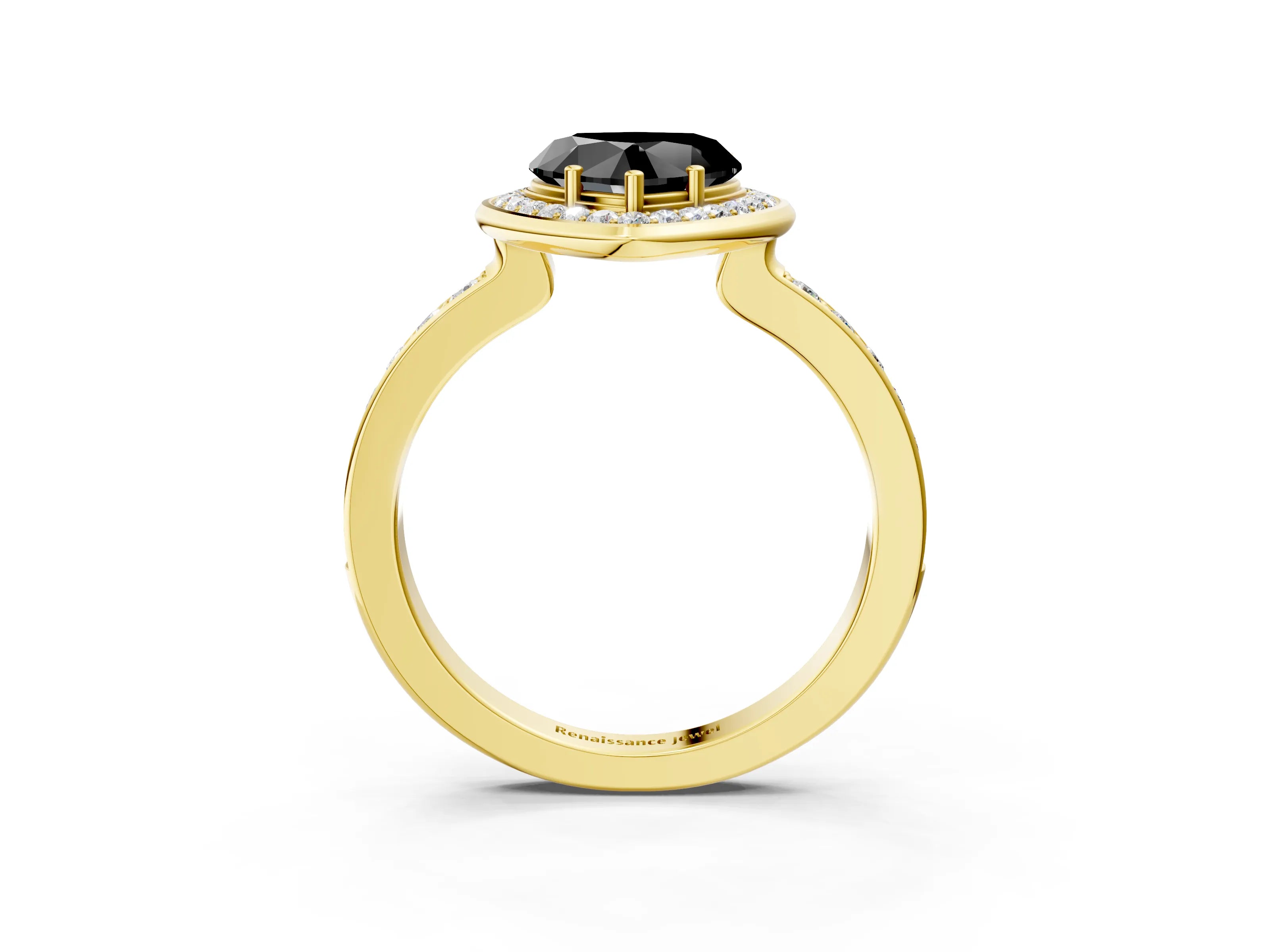 Yellow gold Fancy Black Heart Cut Diamond Halo Ring with Bezel Frame and Pavé Band_3