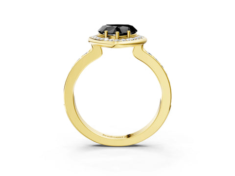 Yellow gold Fancy Black Heart Cut Diamond Halo Ring with Bezel Frame and Pavé Band_3