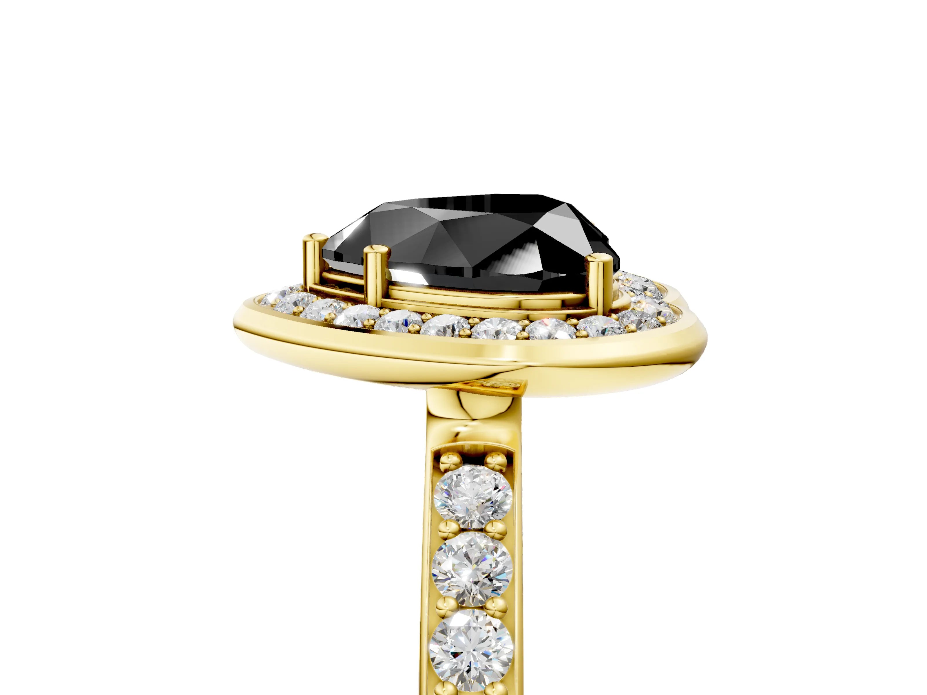 Yellow gold Fancy Black Heart Cut Diamond Halo Ring with Bezel Frame and Pavé Band_5