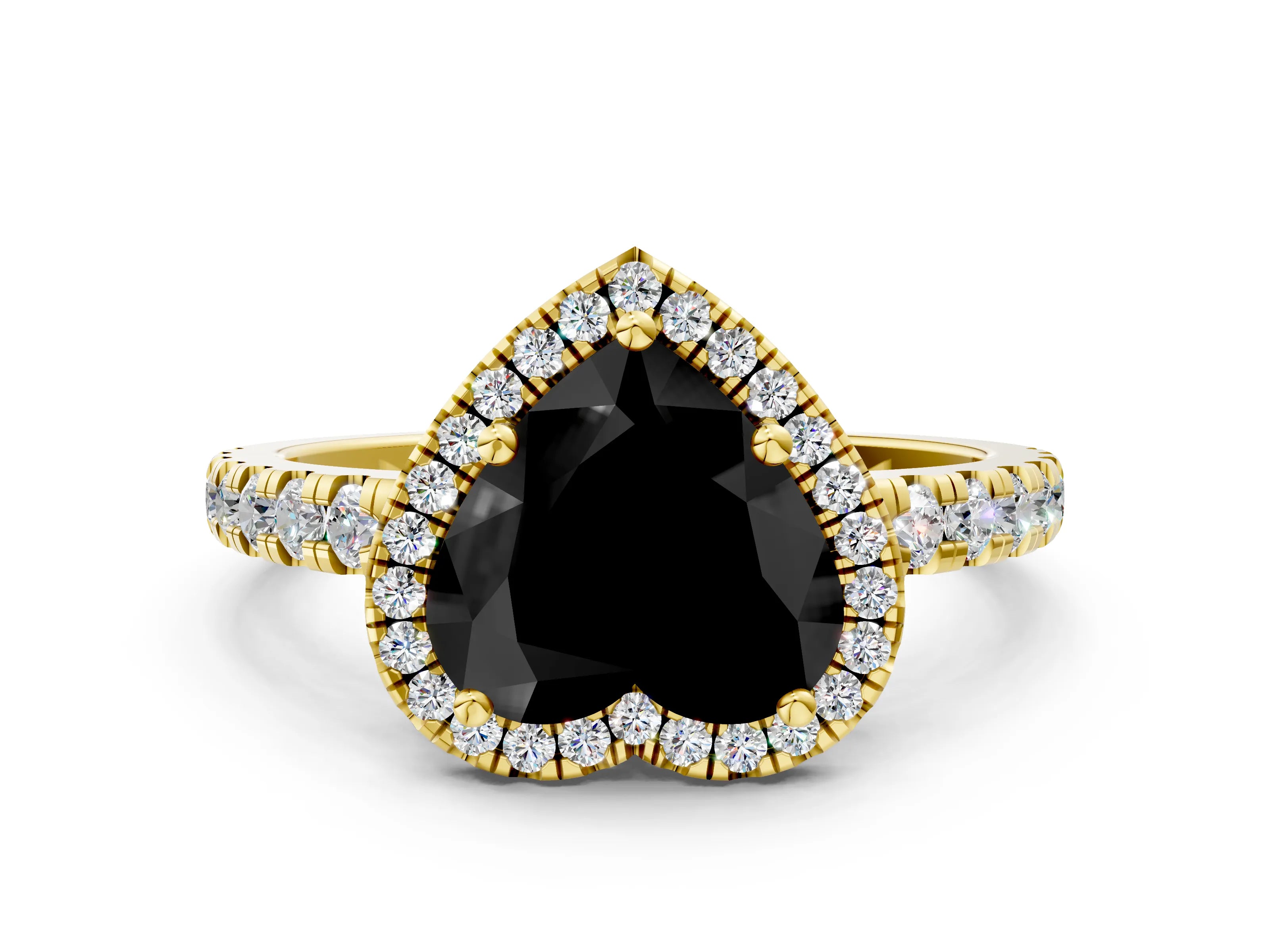Yellow gold Fancy Black Heart Cut Diamond Halo Ring with Pavé Band and Four-Prong Setting