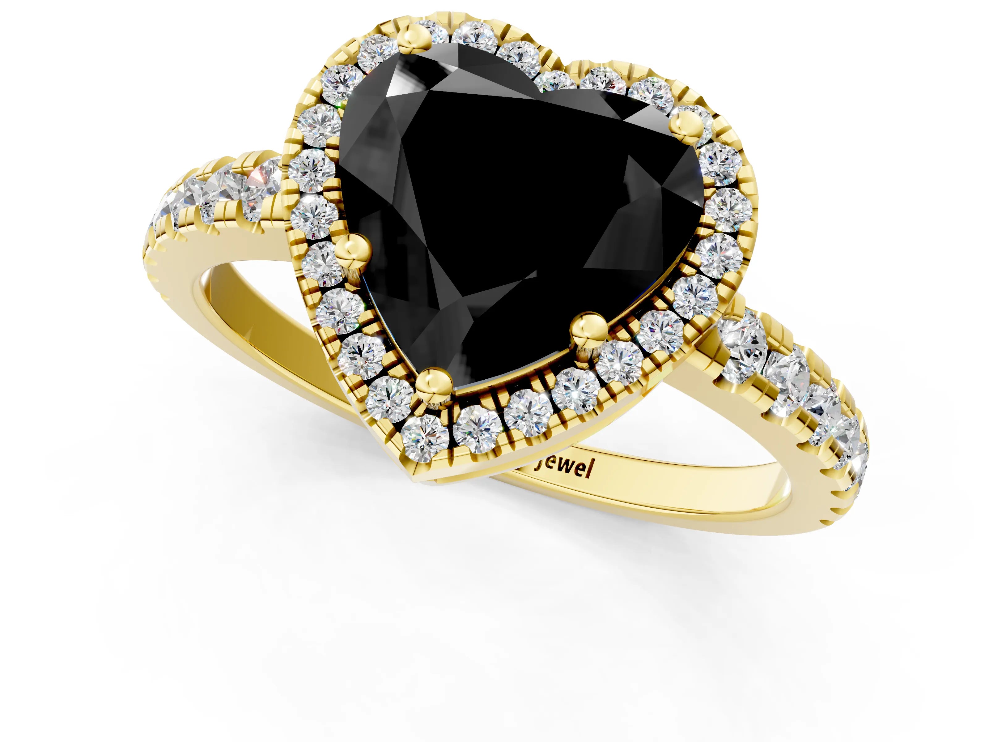 Yellow gold Fancy Black Heart Cut Diamond Halo Ring with Pavé Band and Four-Prong Setting_1