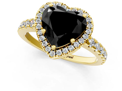 Yellow gold Fancy Black Heart Cut Diamond Halo Ring with Pavé Band and Four-Prong Setting_1