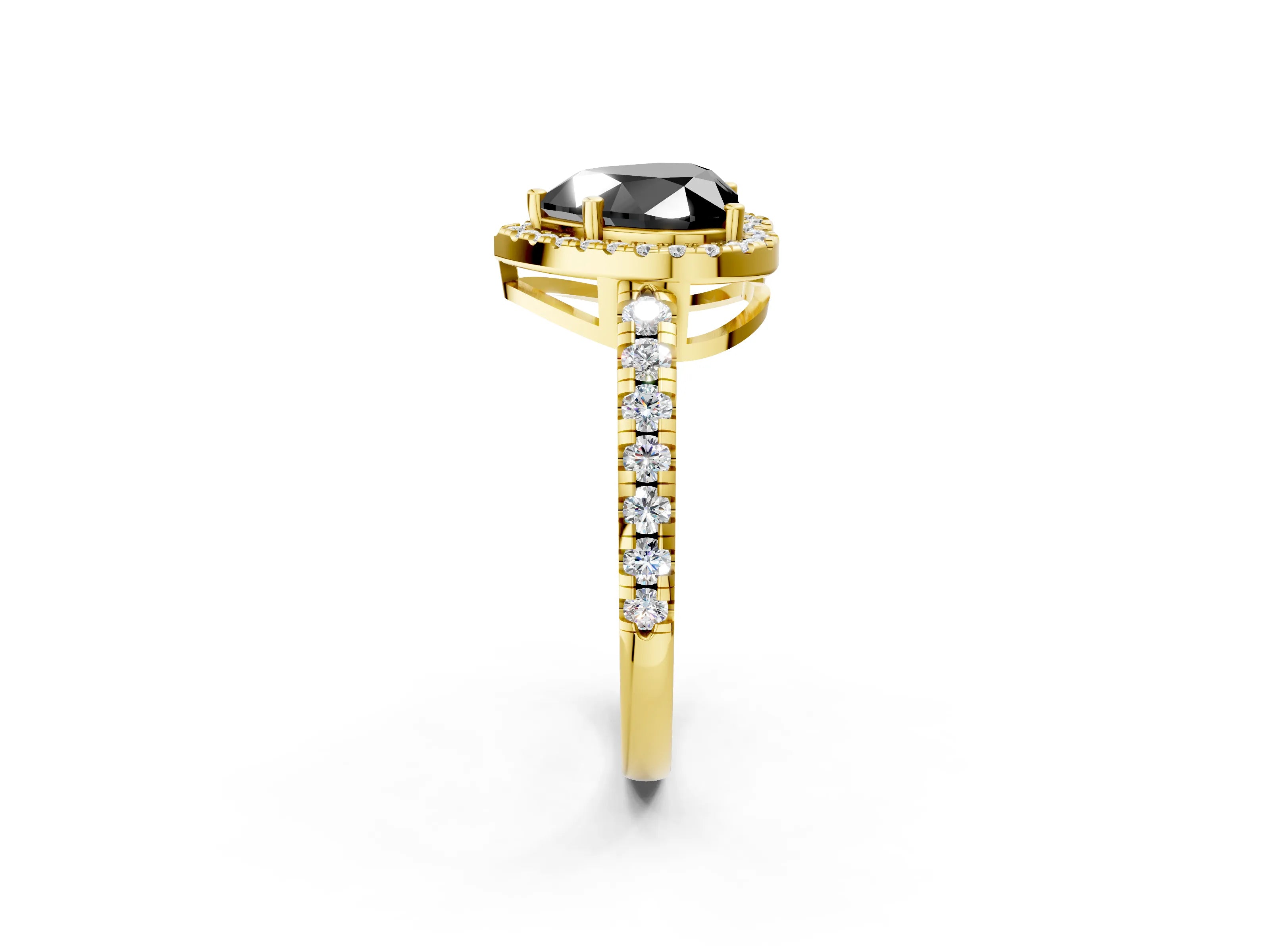 Yellow gold Fancy Black Heart Cut Diamond Halo Ring with Pavé Band and Four-Prong Setting_2
