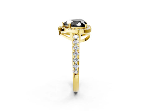 Yellow gold Fancy Black Heart Cut Diamond Halo Ring with Pavé Band and Four-Prong Setting_2