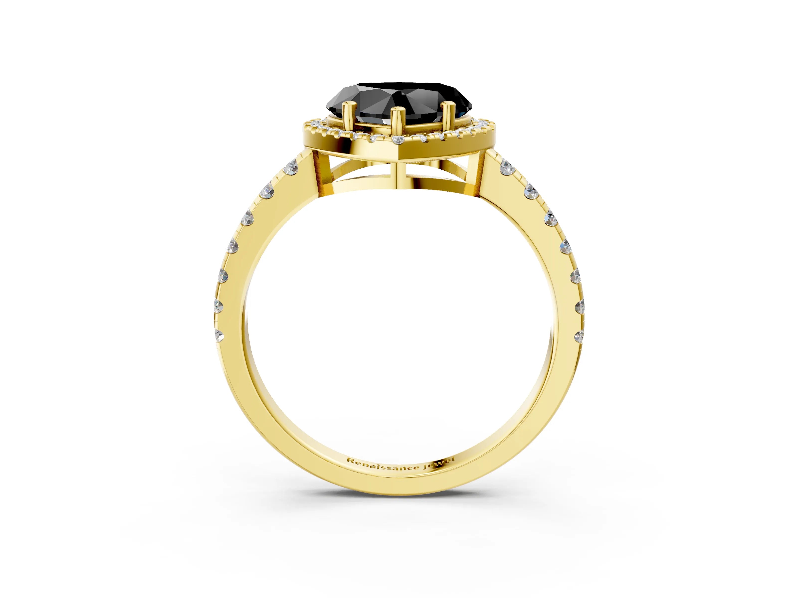 Yellow gold Fancy Black Heart Cut Diamond Halo Ring with Pavé Band and Four-Prong Setting_3