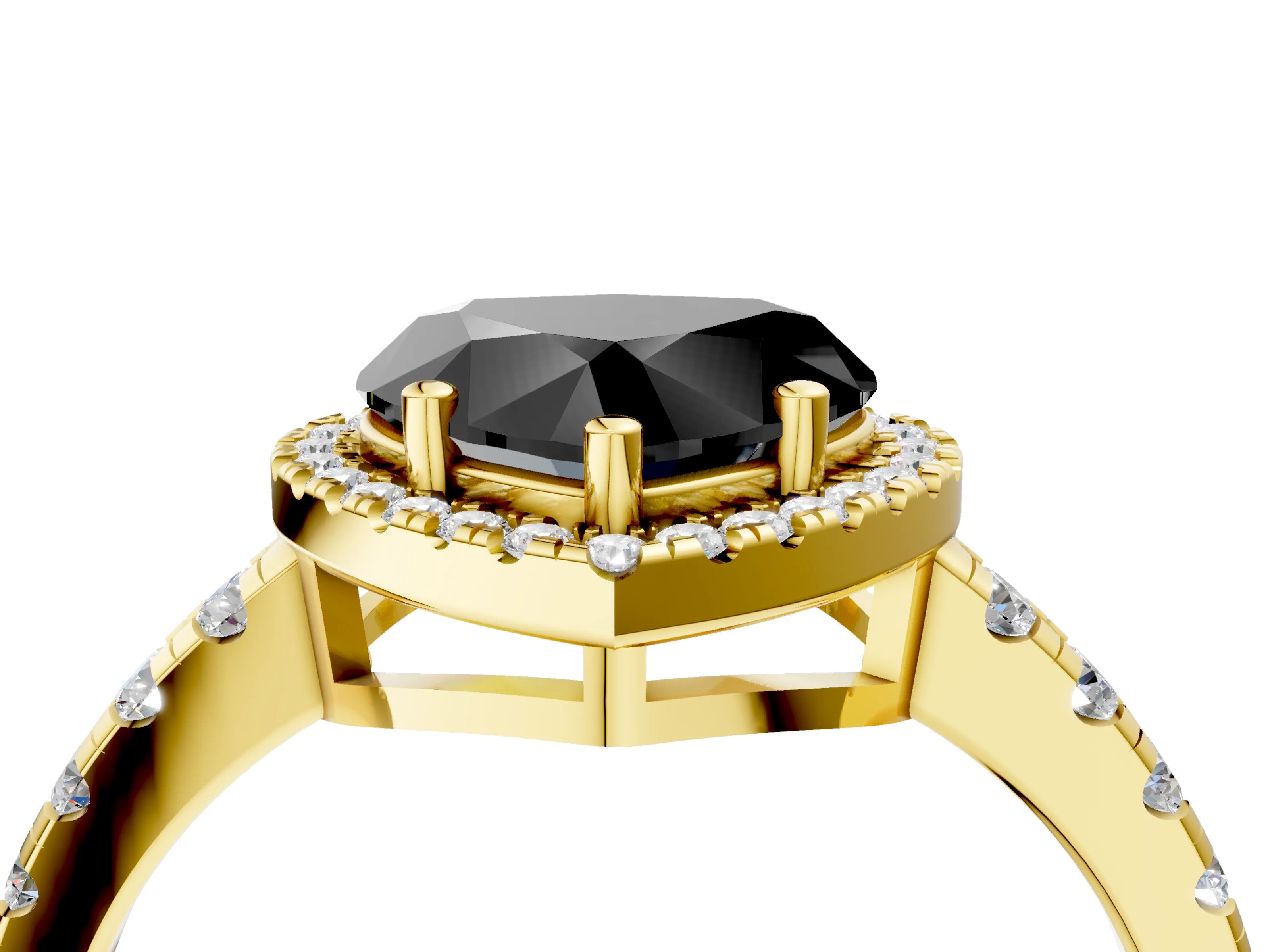 Yellow gold Fancy Black Heart Cut Diamond Halo Ring with Pavé Band and Four-Prong Setting_4