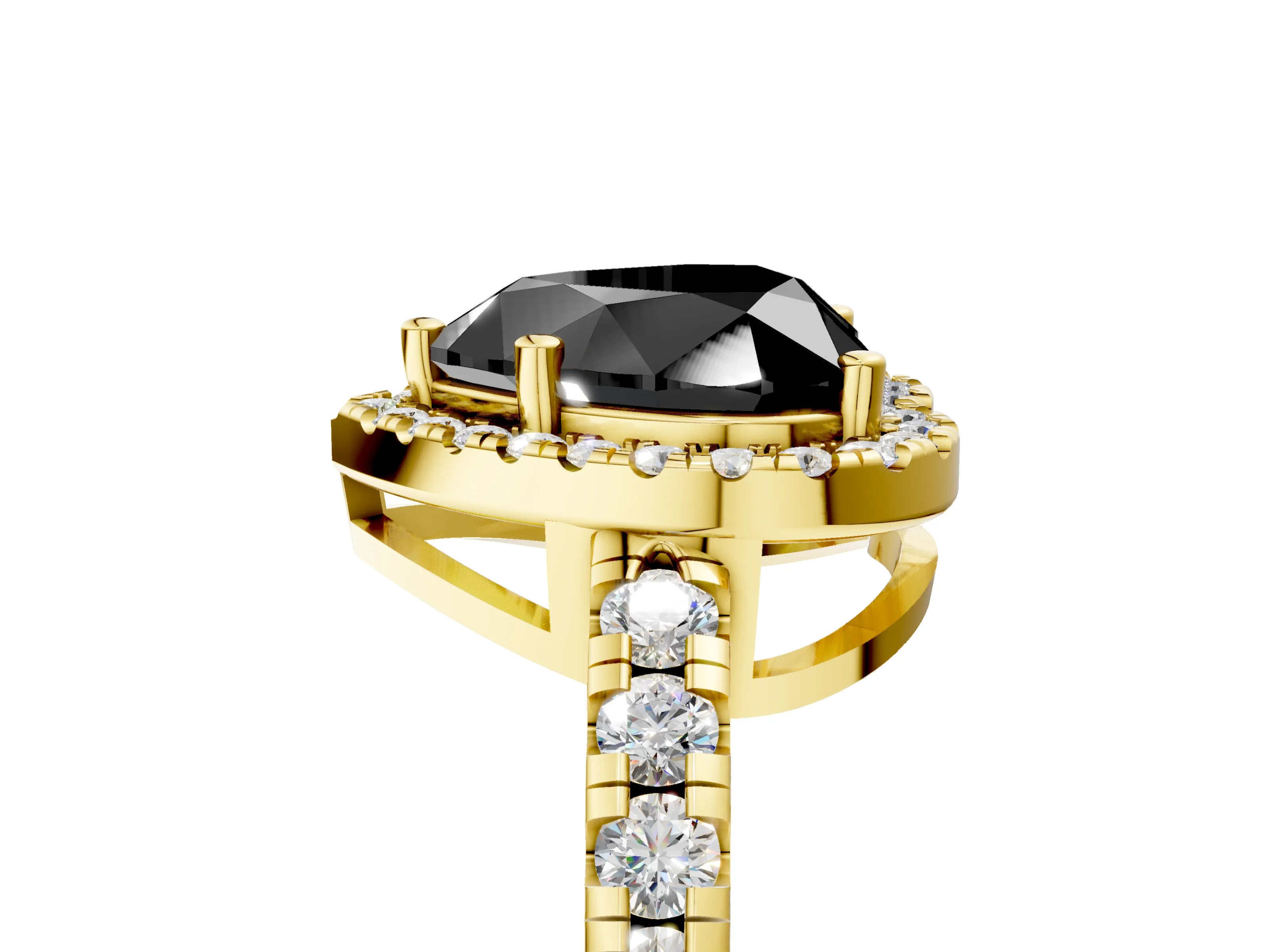 Yellow gold Fancy Black Heart Cut Diamond Halo Ring with Pavé Band and Four-Prong Setting_5