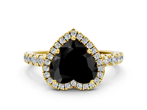 Yellow gold Fancy Black Heart Cut Diamond Halo Ring with Pavé Band and Four-Prong Setting