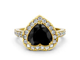 Yellow gold Fancy Black Heart Cut Diamond Halo Ring with Pavé Band and Prong Setting