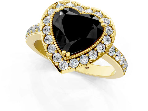Yellow gold Fancy Black Heart Cut Diamond Halo Ring with Pavé Band and Prong Setting_1