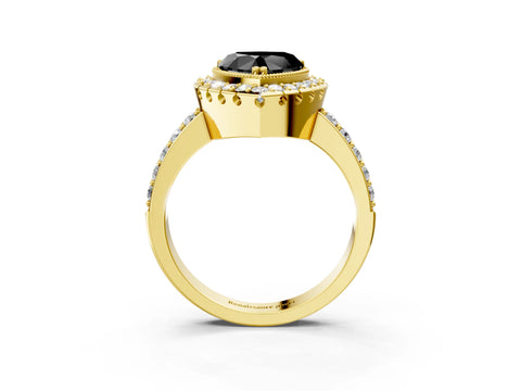 Yellow gold Fancy Black Heart Cut Diamond Halo Ring with Pavé Band and Prong Setting_3