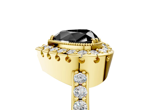 Yellow gold Fancy Black Heart Cut Diamond Halo Ring with Pavé Band and Prong Setting_5