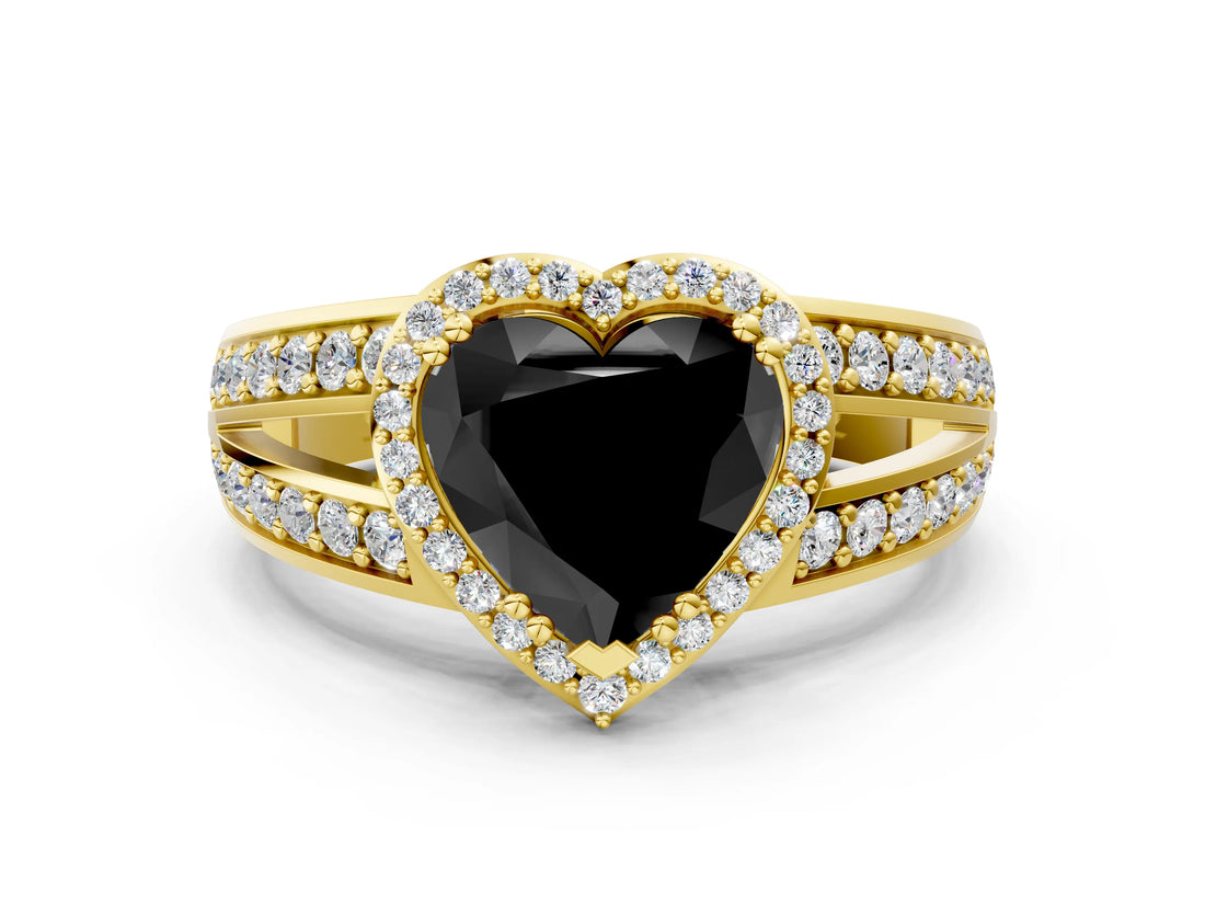 Yellow gold Fancy Black Heart Cut Diamond Halo Ring with Split Shank Pavé Band and Four-Prong Setting