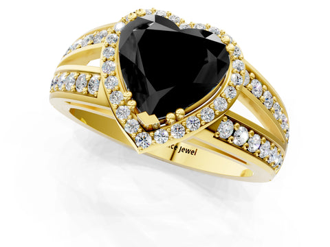 Yellow gold Fancy Black Heart Cut Diamond Halo Ring with Split Shank Pavé Band and Four-Prong Setting_1