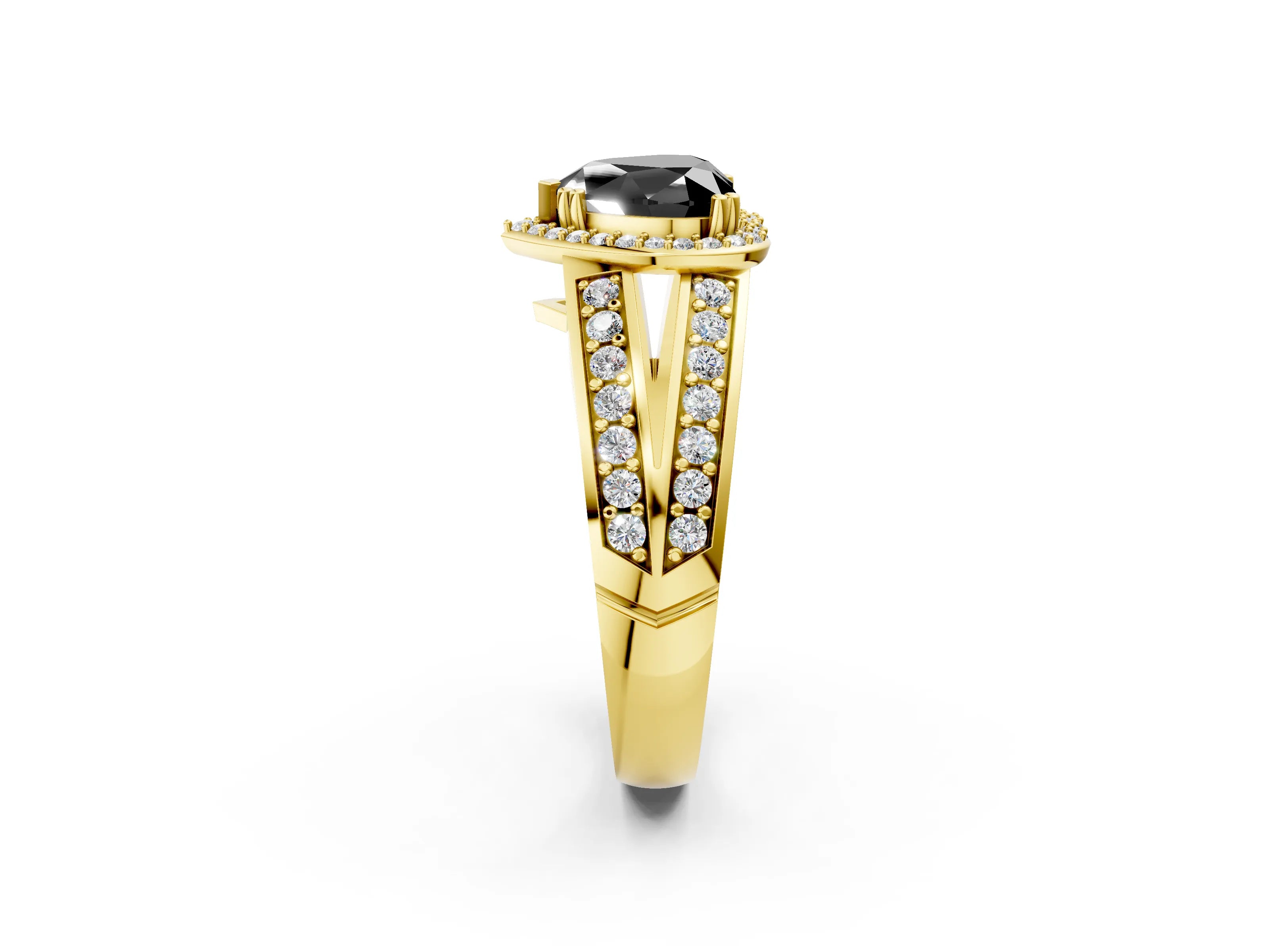Yellow gold Fancy Black Heart Cut Diamond Halo Ring with Split Shank Pavé Band and Four-Prong Setting_2