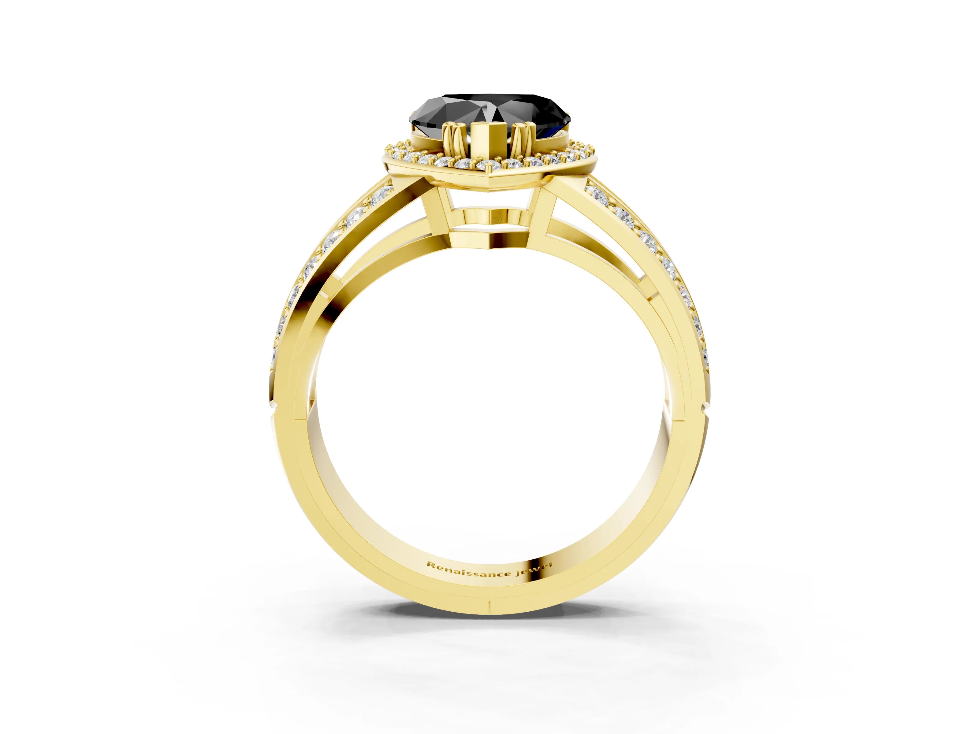 Yellow gold Fancy Black Heart Cut Diamond Halo Ring with Split Shank Pavé Band and Four-Prong Setting_3