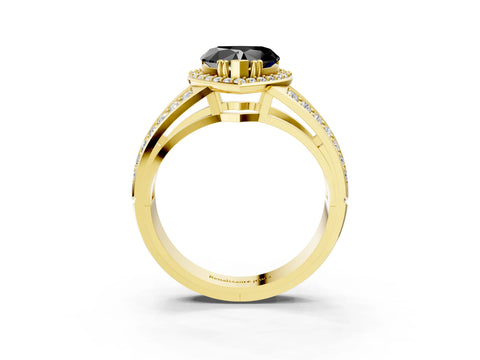 Yellow gold Fancy Black Heart Cut Diamond Halo Ring with Split Shank Pavé Band and Four-Prong Setting_3