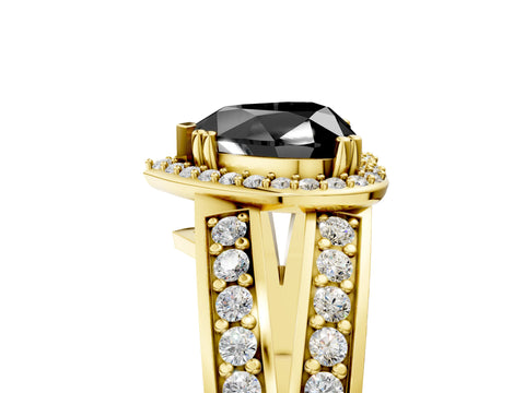 Yellow gold Fancy Black Heart Cut Diamond Halo Ring with Split Shank Pavé Band and Four-Prong Setting_5