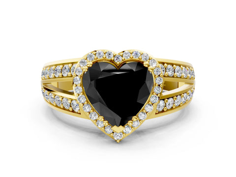 Yellow gold Fancy Black Heart Cut Diamond Halo Ring with Split Shank Pavé Band and Four-Prong Setting