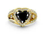 Yellow gold Fancy Black Heart Cut Diamond Halo Ring with Split Shank and Bezel Accents and Four-Prong Setting