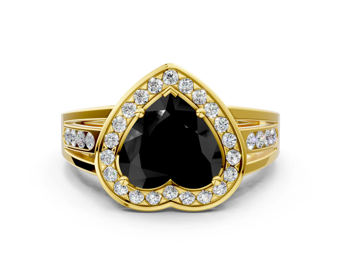 Yellow gold Fancy Black Heart Cut Diamond Halo Ring with Split Shank and Bezel Accents and Prong Setting