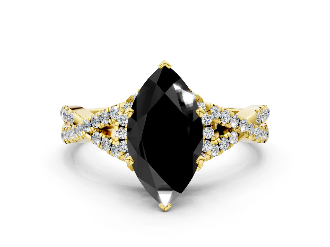 Yellow gold Fancy Black Heart Cut Diamond Halo Twist Band Solitaire Prong Setting Ring