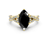 Yellow gold Fancy Black Heart Cut Diamond Halo Twist Band Solitaire Prong Setting Ring