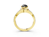 Yellow gold Fancy Black Heart Cut Diamond Halo Twist Band Solitaire Prong Setting Ring_3