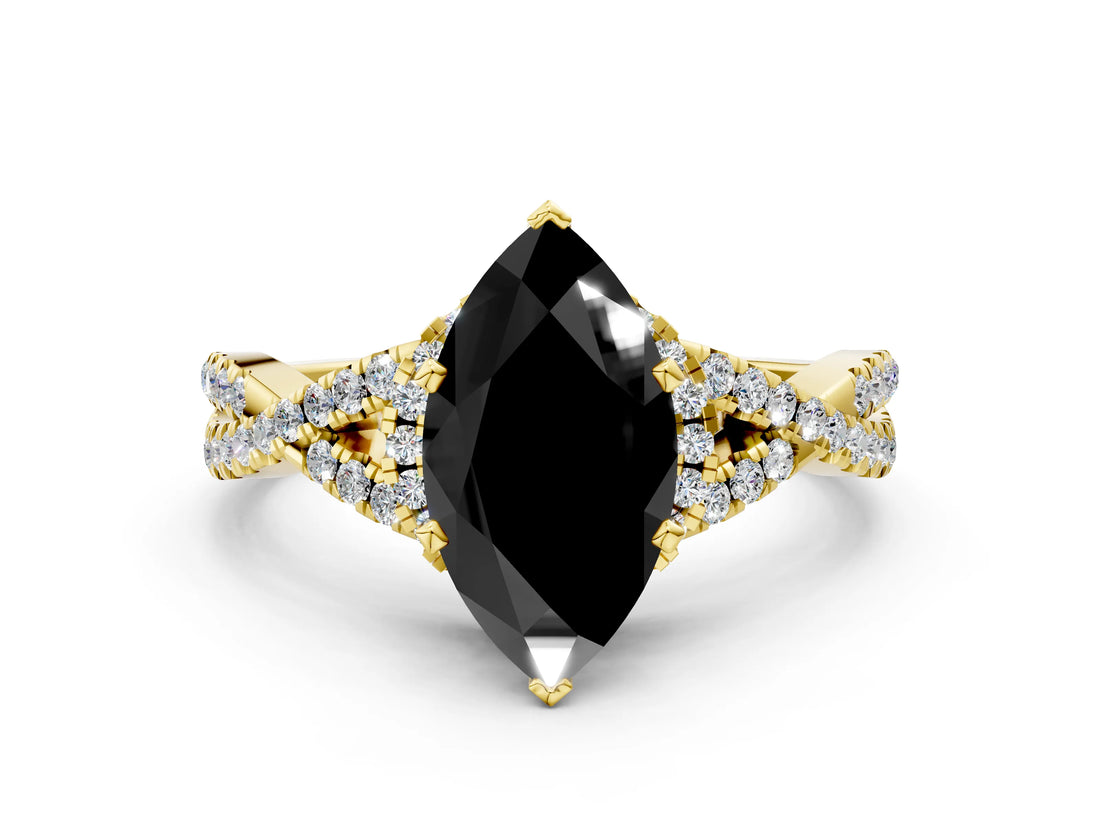 Yellow gold Fancy Black Heart Cut Diamond  Halo Twist Band Solitaire Prong Setting Ring_36
