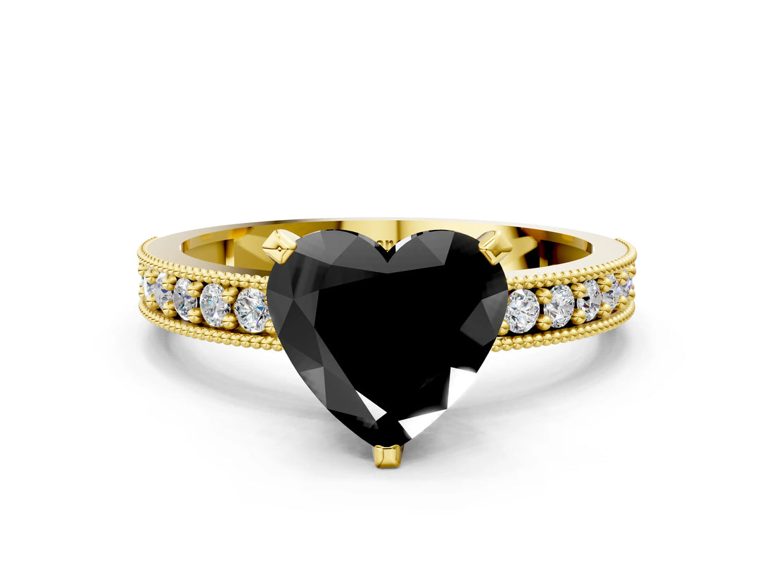 Yellow gold Fancy Black Heart Cut Diamond Milgrain Pavé Engagement Ring with Four-Prong Setting