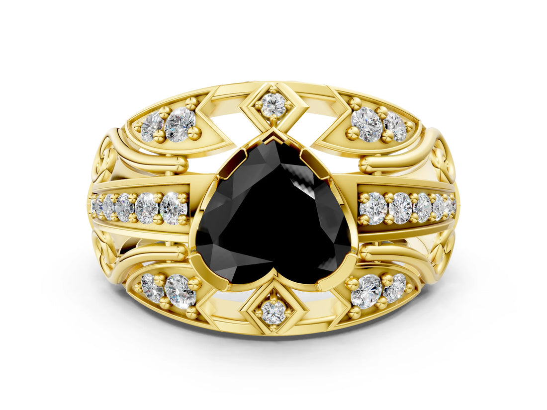 Yellow gold Fancy Black Heart Cut Diamond Pave Art Deco Split Shank Ring with Four-Prong Setting
