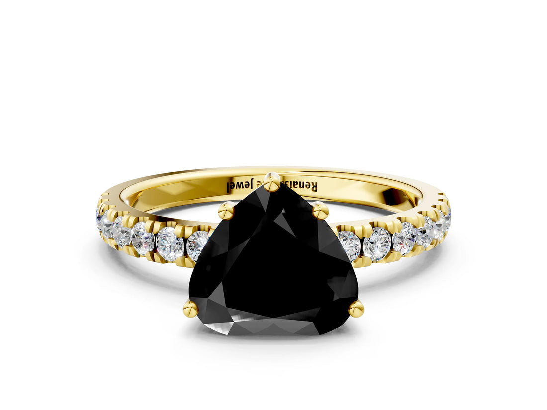 Yellow gold Fancy Black Heart Cut Diamond Pave Band Solitaire Ring with Four-Prong Setting_12