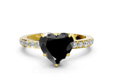 Yellow gold Fancy Black Heart Cut Diamond Ring with Pavé Band and Four-Prong Setting