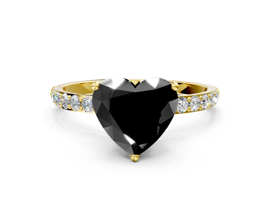 Yellow gold Fancy Black Heart Cut Diamond Solitaire Engagement Ring with Pavé Band and Prong Setting
