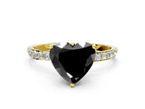 Yellow gold Fancy Black Heart Cut Diamond Solitaire Engagement Ring with Pavé Band and Prong Setting