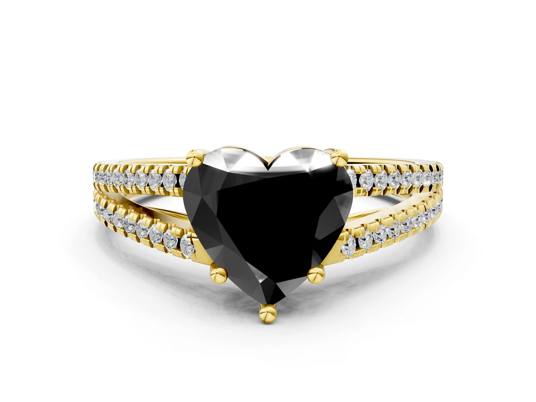 Yellow gold Fancy Black Heart Cut Diamond Solitaire Engagement Ring with Split Shank Pavé Band_12
