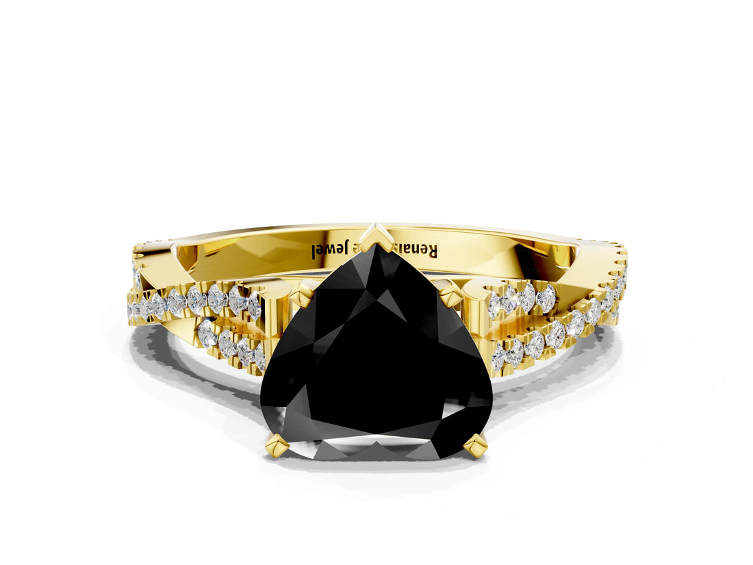 Yellow gold Fancy Black Heart Cut Diamond Solitaire Engagement Ring with Twisted Pavé Band and Four-Prong Setting_24