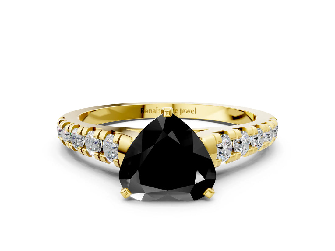Yellow gold Fancy Black Heart Cut Diamond Solitaire Ring with Cathedral Setting and Pavé Band