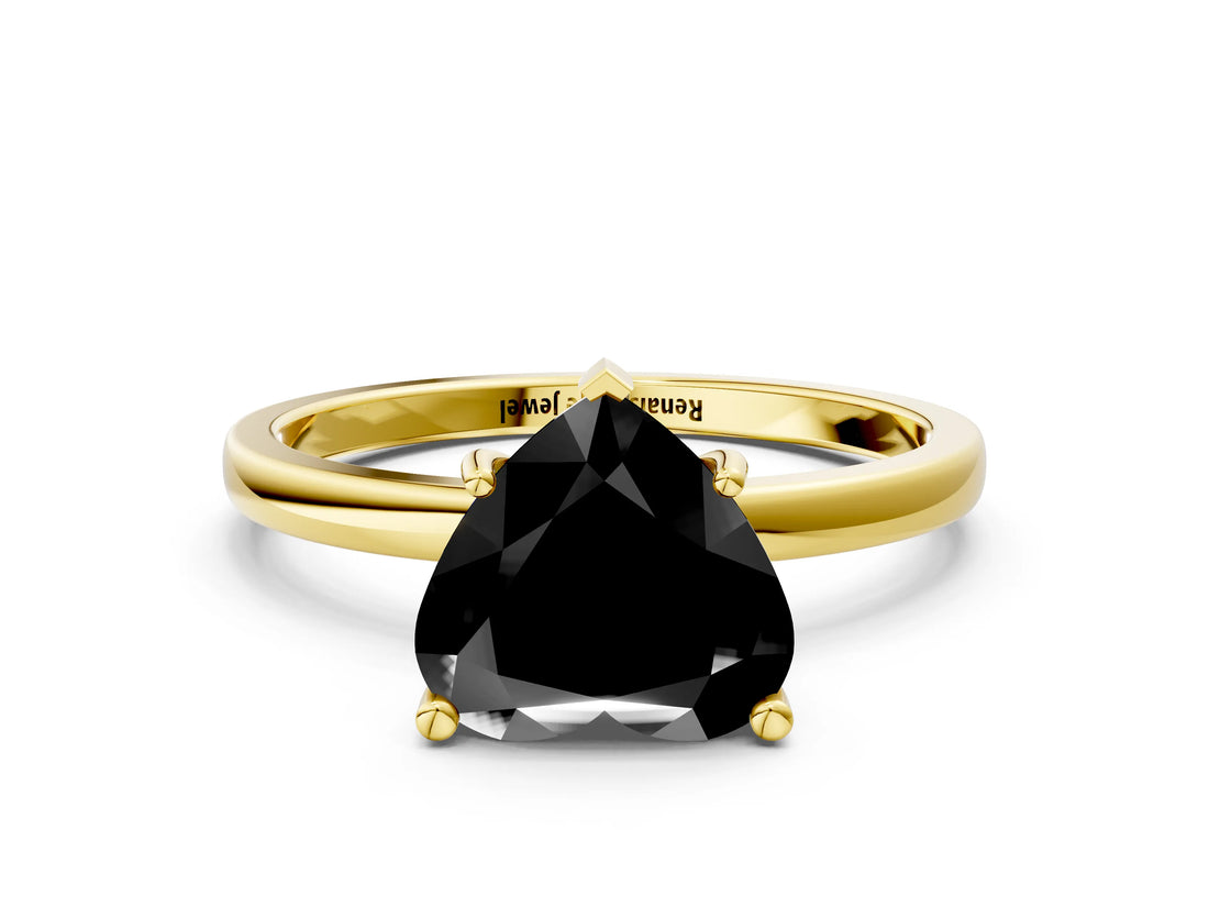 Yellow gold Fancy Black Heart Cut Diamond Solitaire Ring with Classic Band and Four-Prong Setting