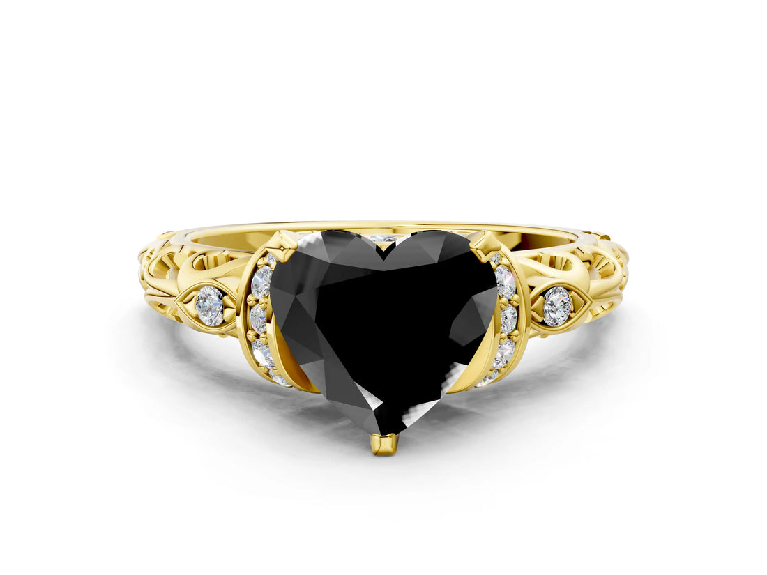 Yellow gold Fancy Black Heart Cut Diamond Solitaire Ring with Filigree Band and Four-Prong Setting