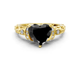 Yellow gold Fancy Black Heart Cut Diamond Solitaire Ring with Filigree Band and Four-Prong Setting