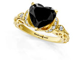 Yellow gold Fancy Black Heart Cut Diamond Solitaire Ring with Filigree Band and Four-Prong Setting_1