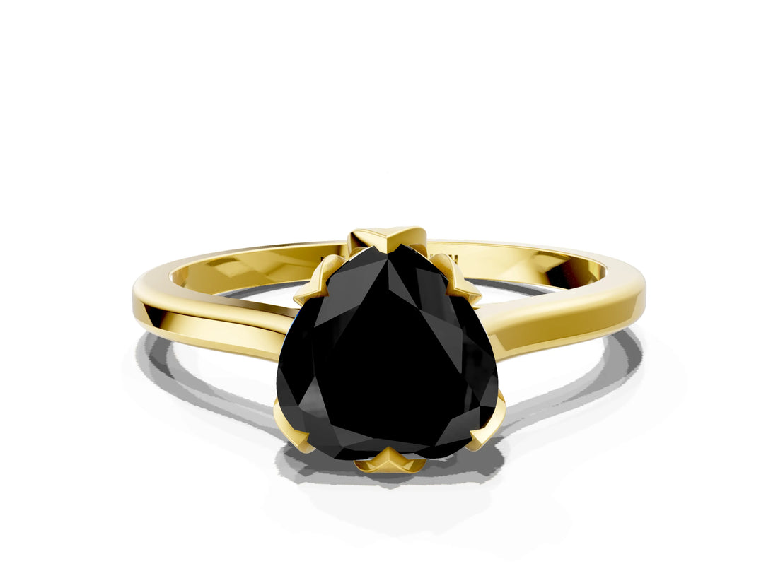Yellow gold Fancy Black Heart Cut Diamond Solitaire Ring with Flower Prong Setting and Classic Band_36
