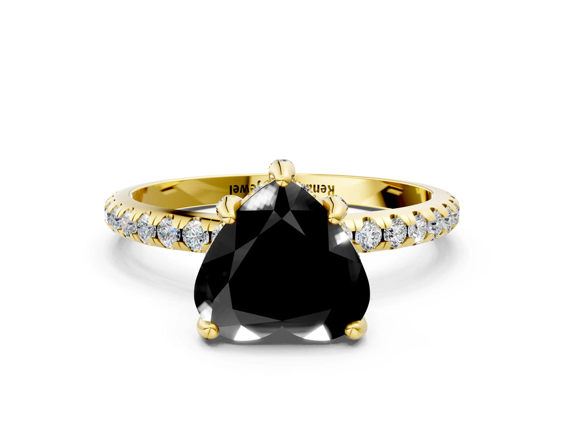 Yellow gold Fancy Black Heart Cut Diamond Solitaire Ring with Four-Prong Setting and Pavé Band_3