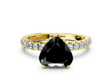Yellow gold Fancy Black Heart Cut Diamond Solitaire Ring with Pavé Accents and Four-Prong Setting