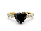 Yellow gold Fancy Black Heart Cut Diamond Solitaire Ring with Pavé Band and Four-Prong Setting