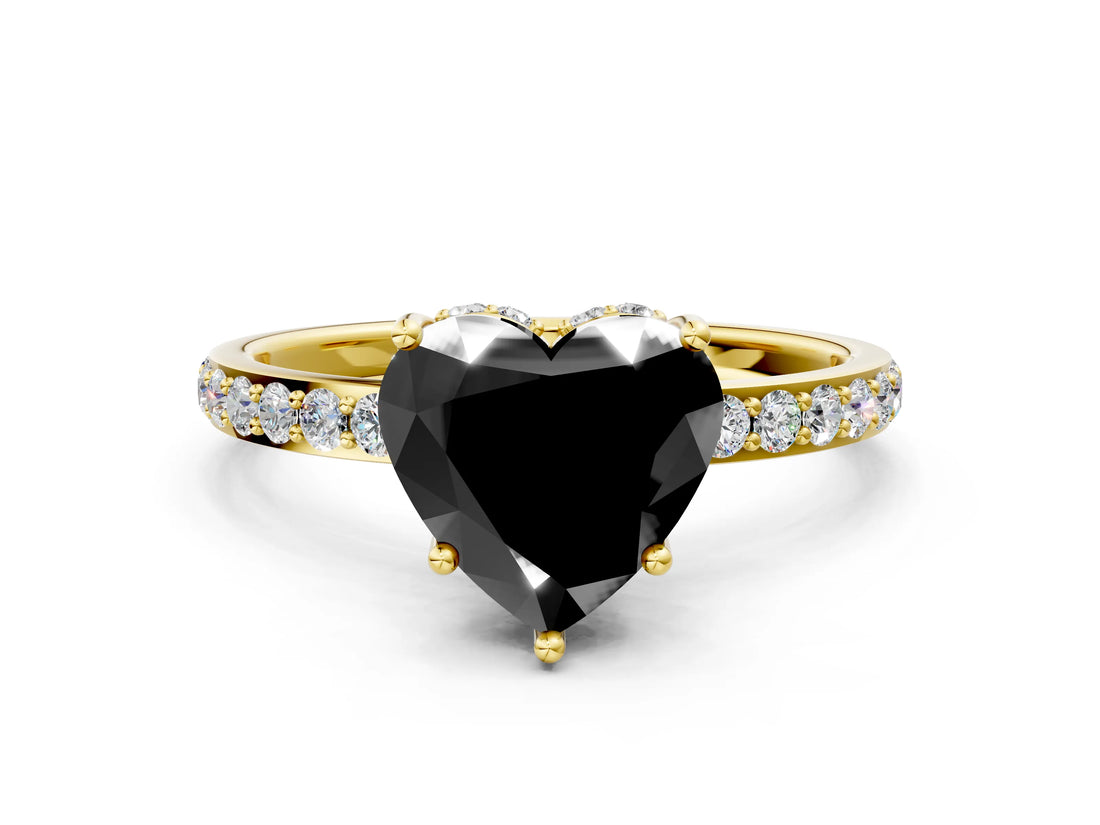 Yellow gold Fancy Black Heart Cut Diamond Solitaire Ring with Pavé Band and Hidden Halo_48